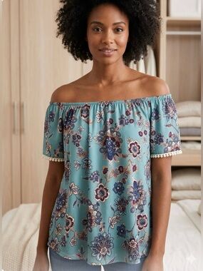 SJS Teal Floral Off-Shoulder Tunic with Pom Trim PTP 20’